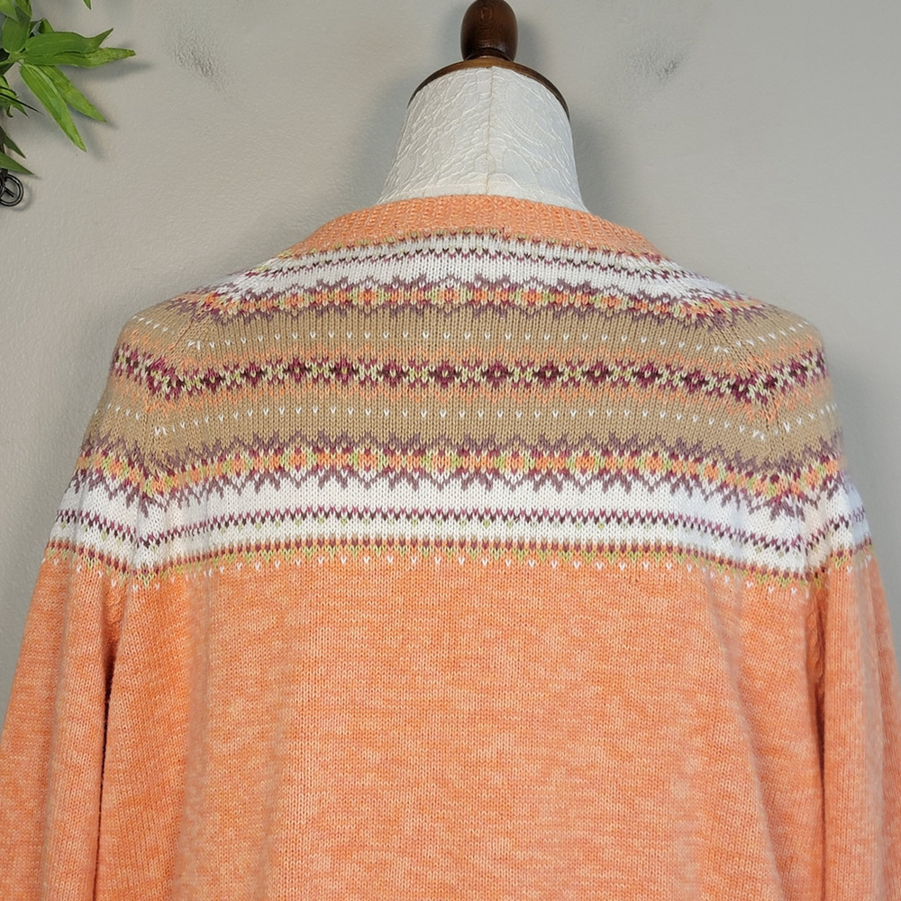 Vintage Tiara Fair Isle Knit Sweater Button Up Cardigan Orange Velvet Ribbon 3X - Picture 9 of 11